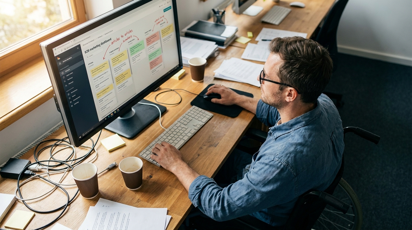 vue aérienne d'un tableau de bord marketing B2B avec indicateurs de pipeline et articles mappés par étape