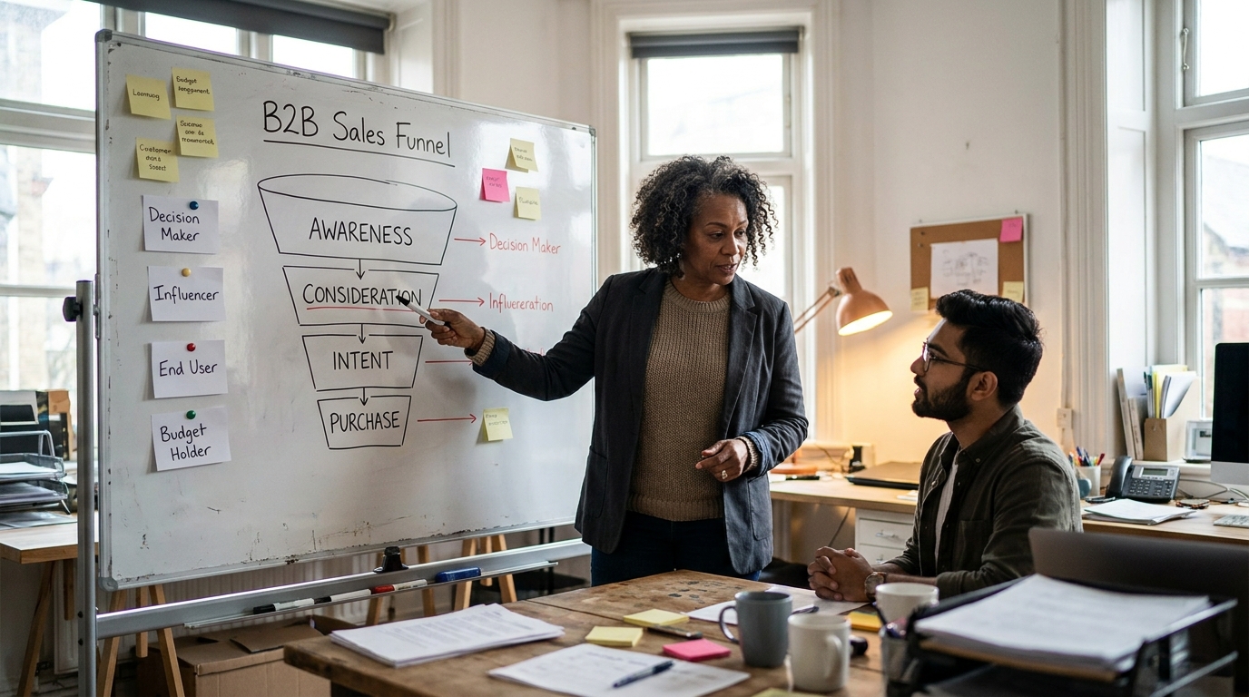 schéma du funnel B2B avec les quatre étapes et les rôles du comité d'achat positionnés à chaque niveau