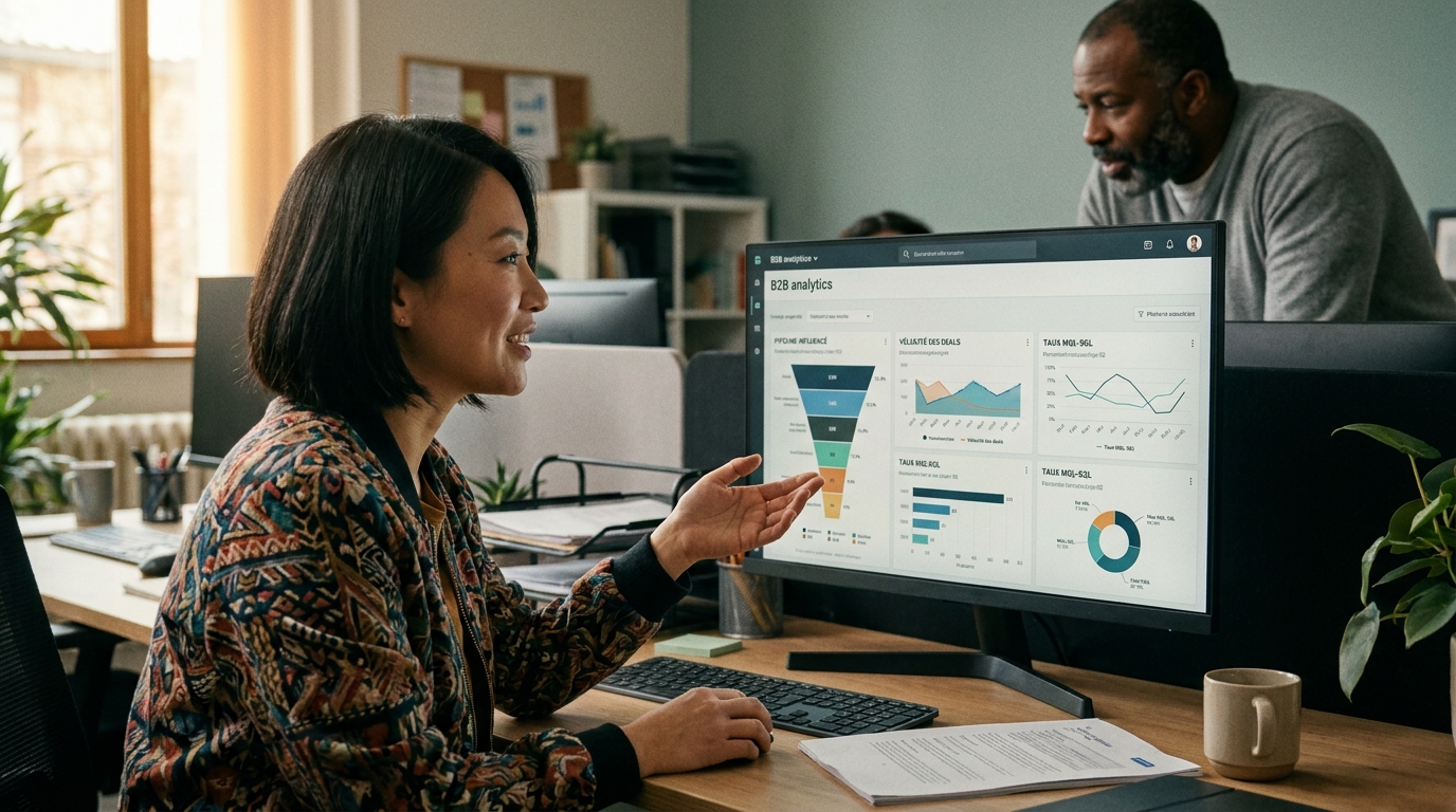 tableau de bord analytique B2B avec métriques de pipeline influencé, vélocité des deals et taux MQL-SQL