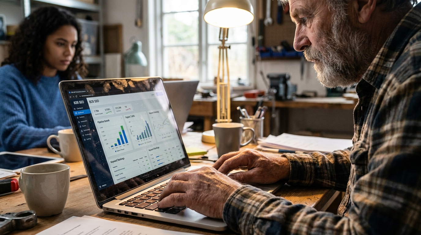 écran d'un tableau de bord SEO B2B avec des métriques de pipeline et de trafic organique