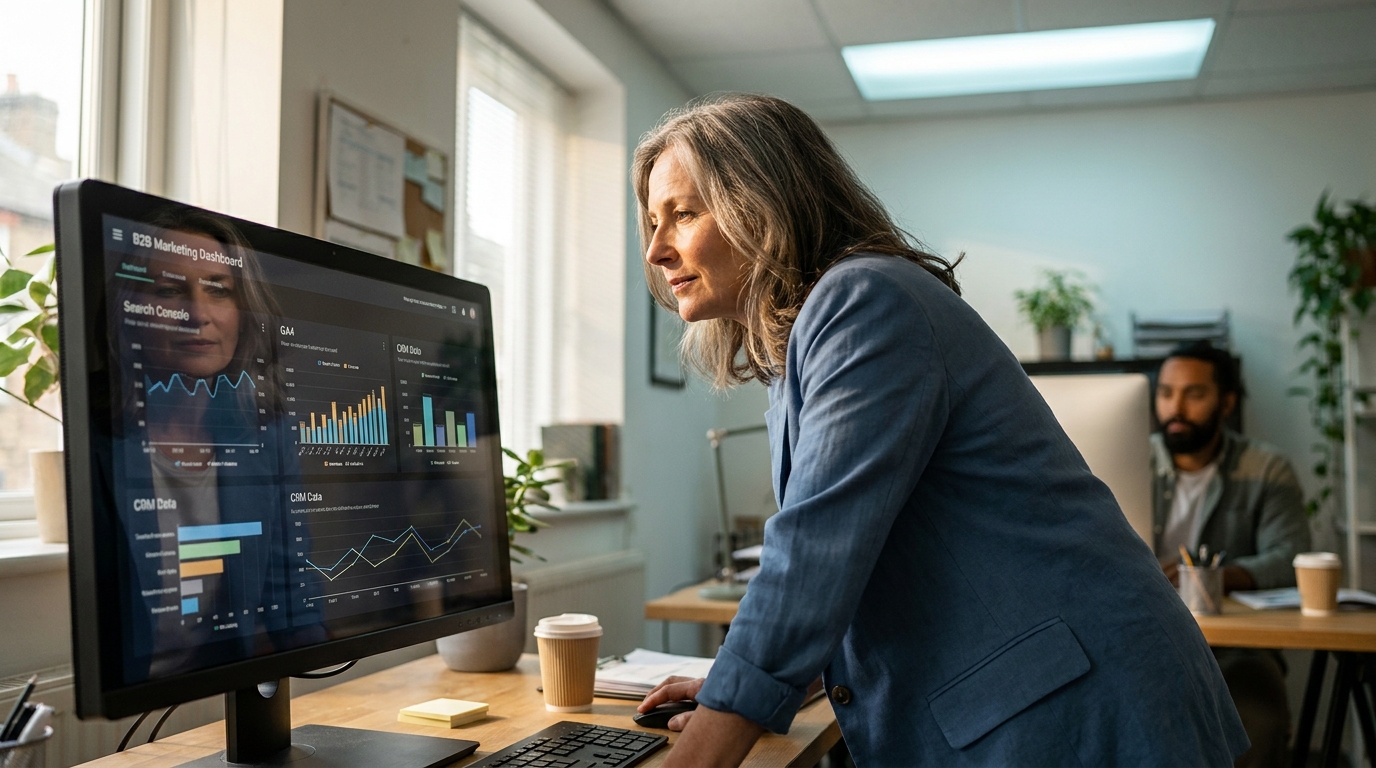 vue d'ensemble d'un tableau de bord marketing B2B combinant Search Console, GA4 et données CRM