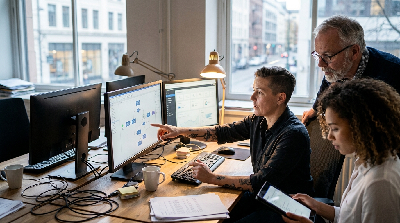 équipe marketing B2B analysant des workflows automatisés sur plusieurs écrans