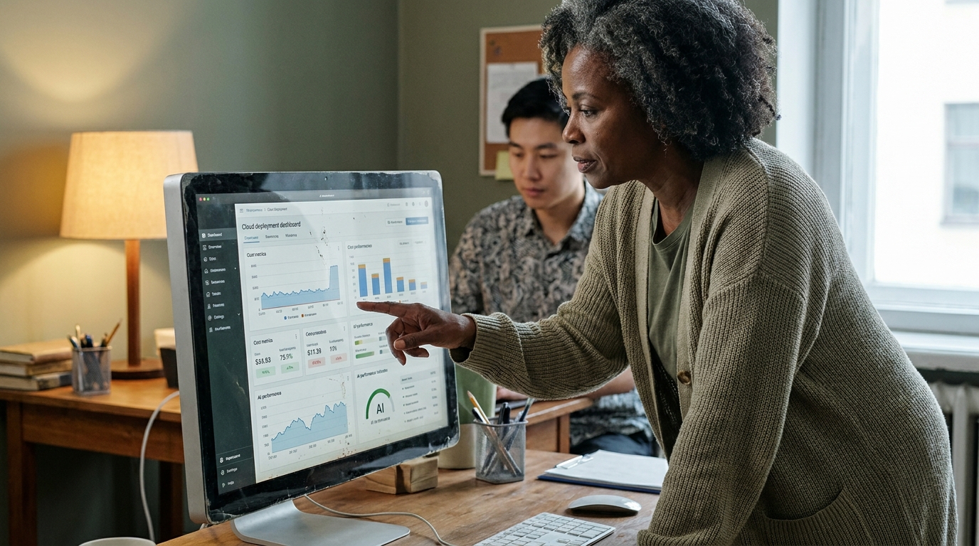 tableau de bord de déploiement cloud avec métriques de coût et performance IA