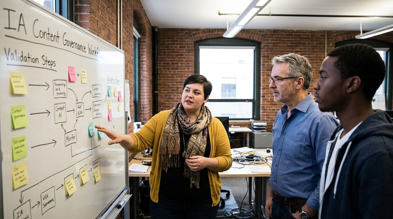 équipe marketing et designer validant ensemble un workflow de gouvernance de contenu IA sur tableau blanc