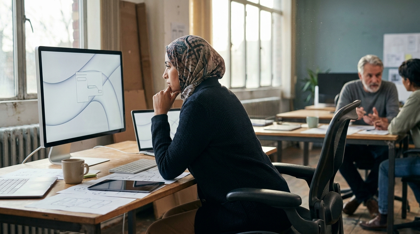 designer qui observe un flux d'interface sans menus visibles, sur un écran épuré