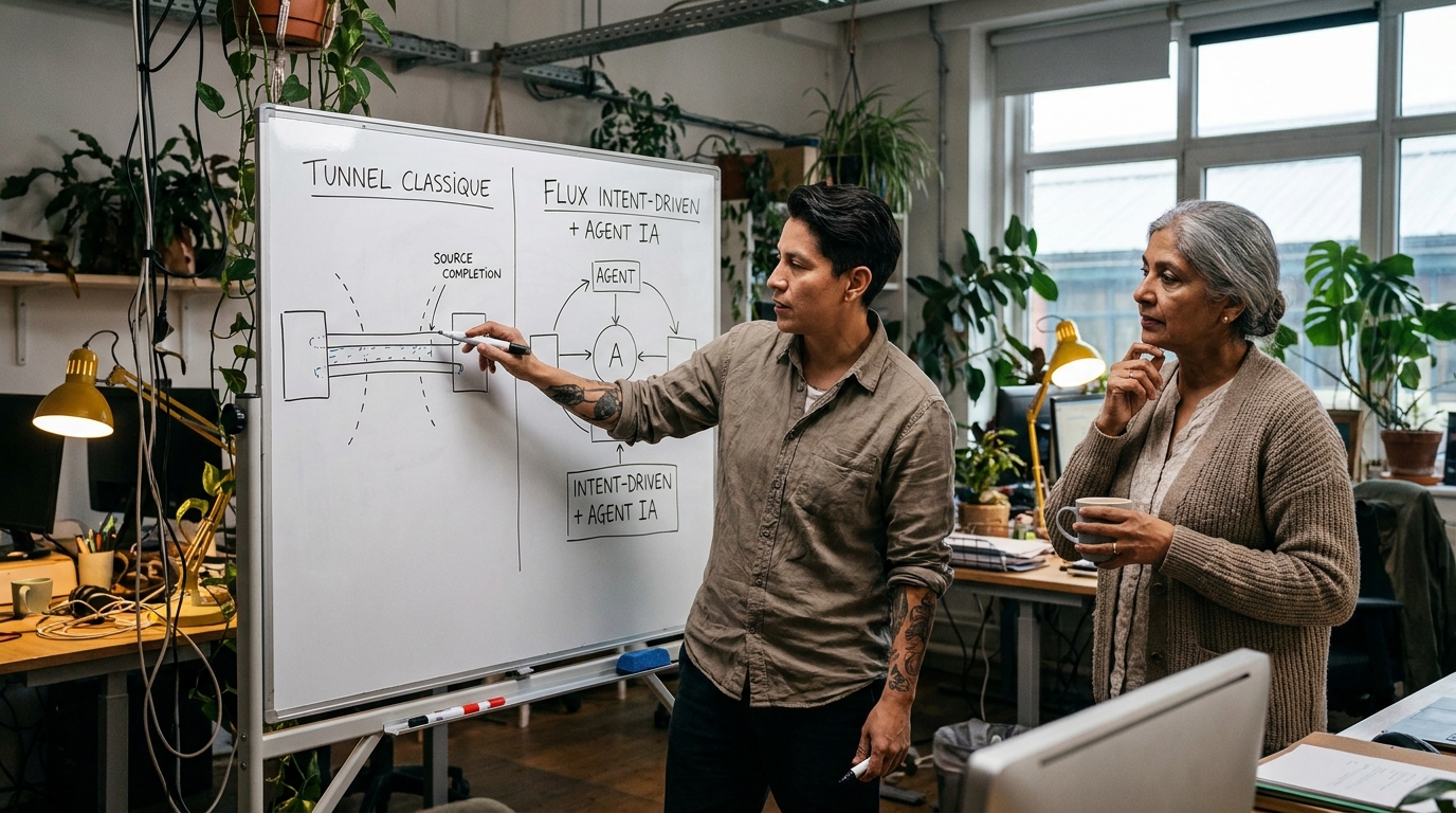schéma comparant un tunnel de clics classique à un flux intent-driven avec agent IA