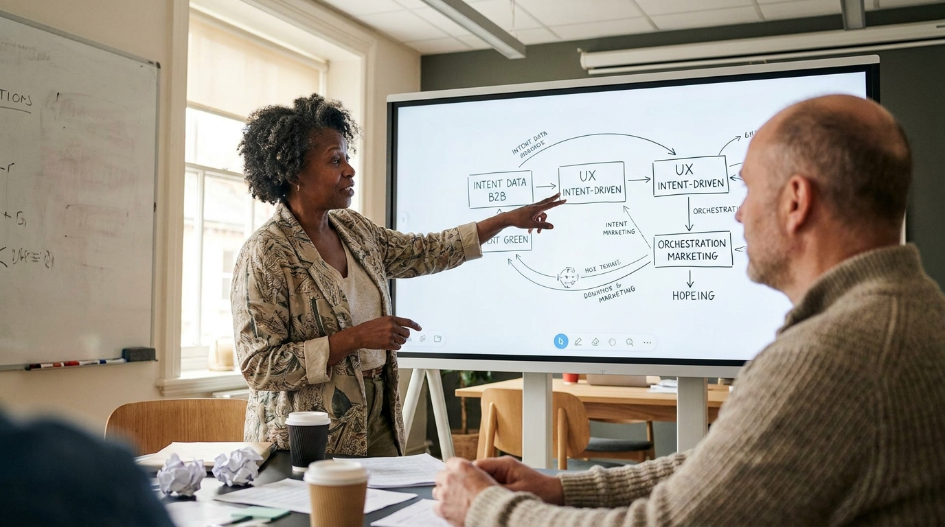 schéma de convergence entre intent data B2B, UX intent-driven et orchestration marketing