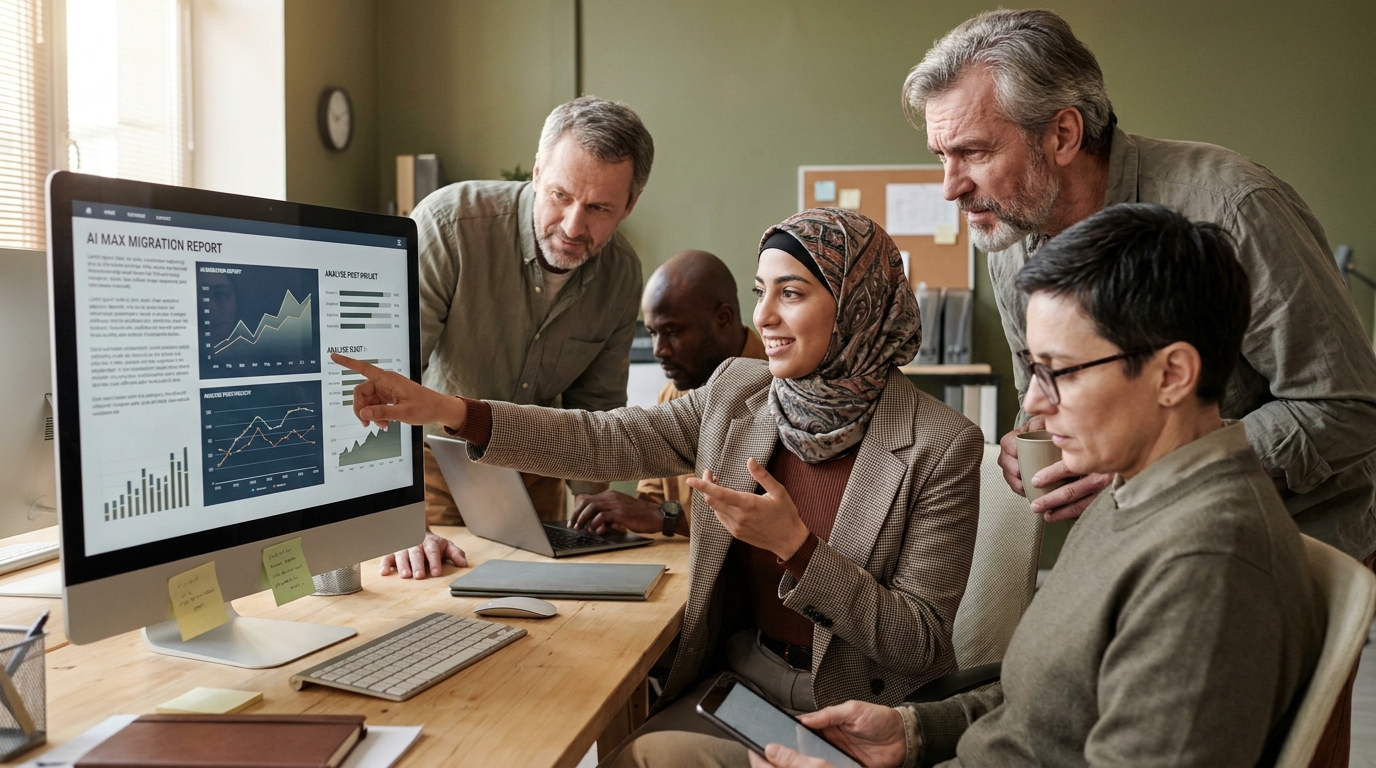équipe marketing B2B analysant les rapports post-migration AI Max sur un écran