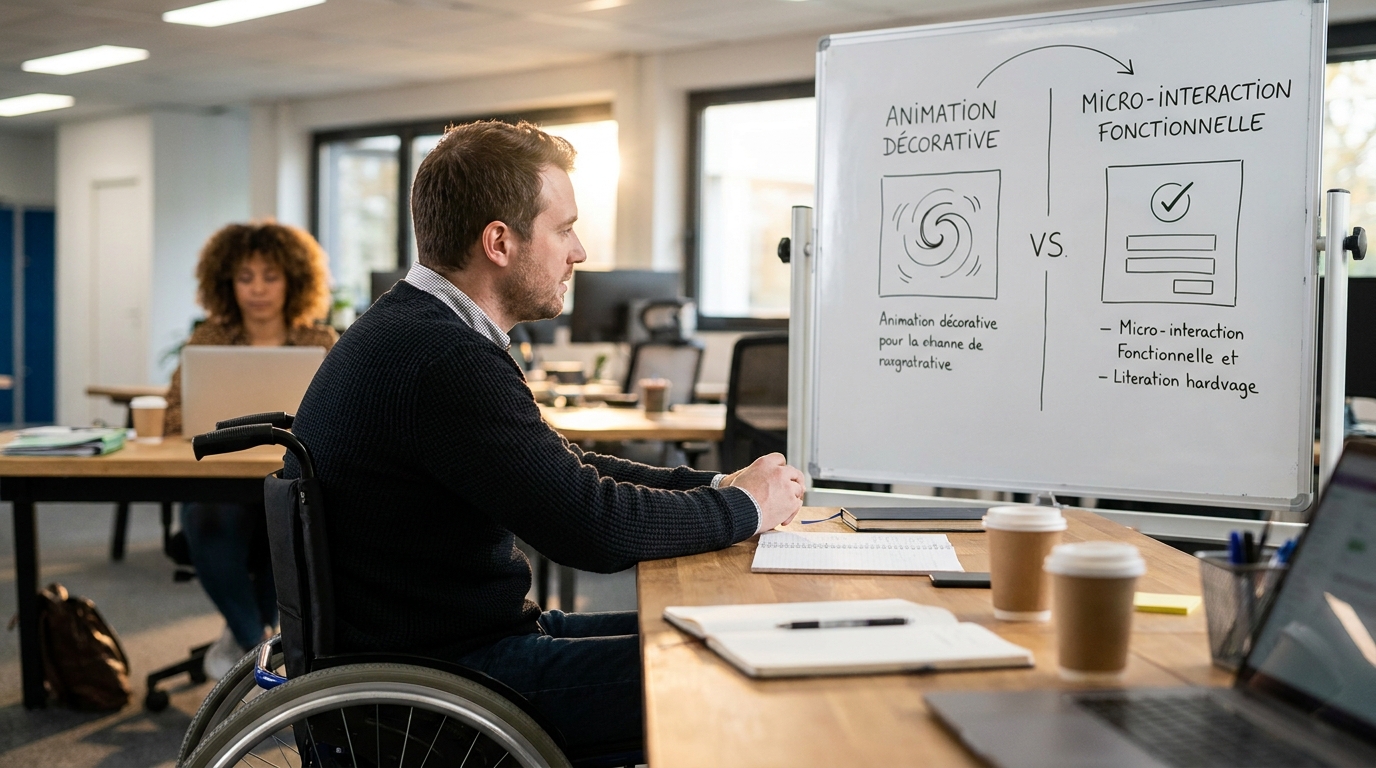 schéma comparant animation décorative versus micro-interaction fonctionnelle sur un formulaire B2B