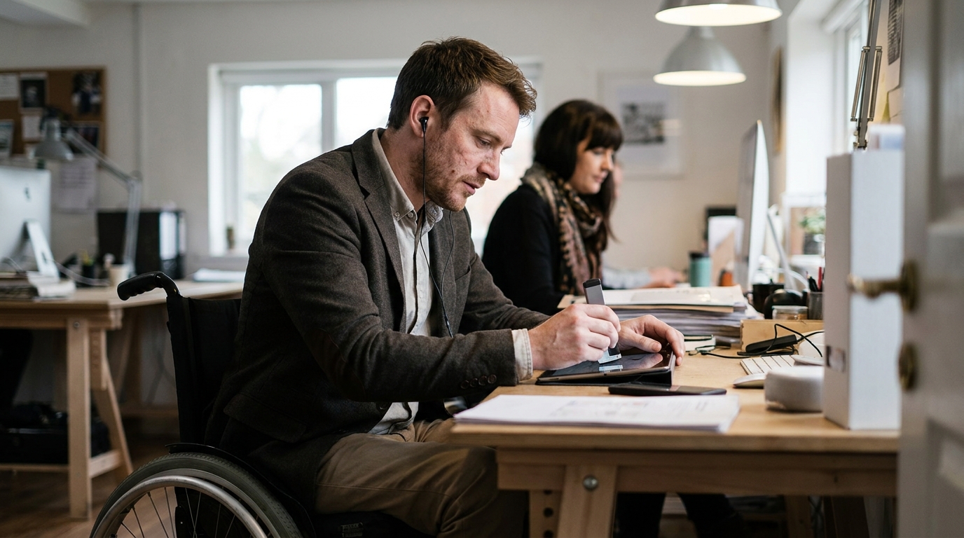 designer testant l'accessibilité d'une interface mobile avec un outil de contraste et un lecteur d'écran