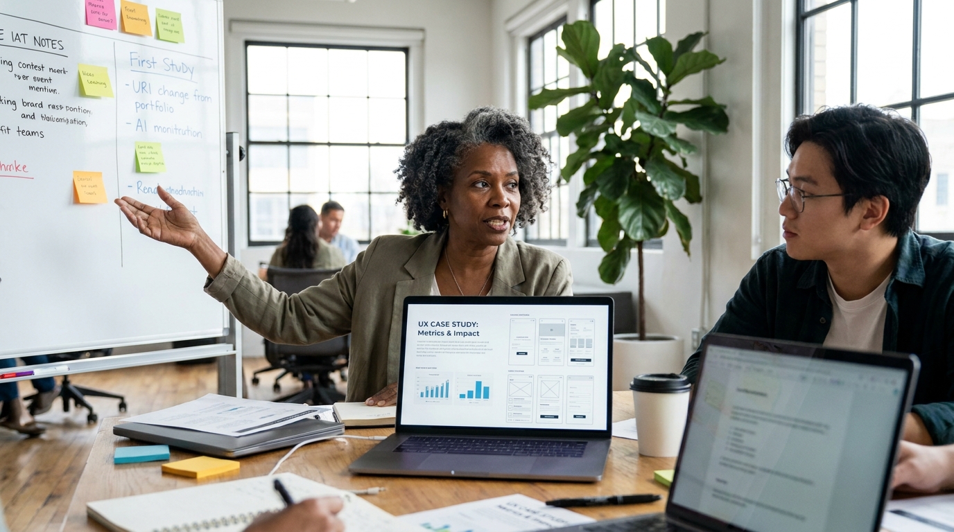 portfolio designer structuré avec études de cas UX incluant métriques et résultats