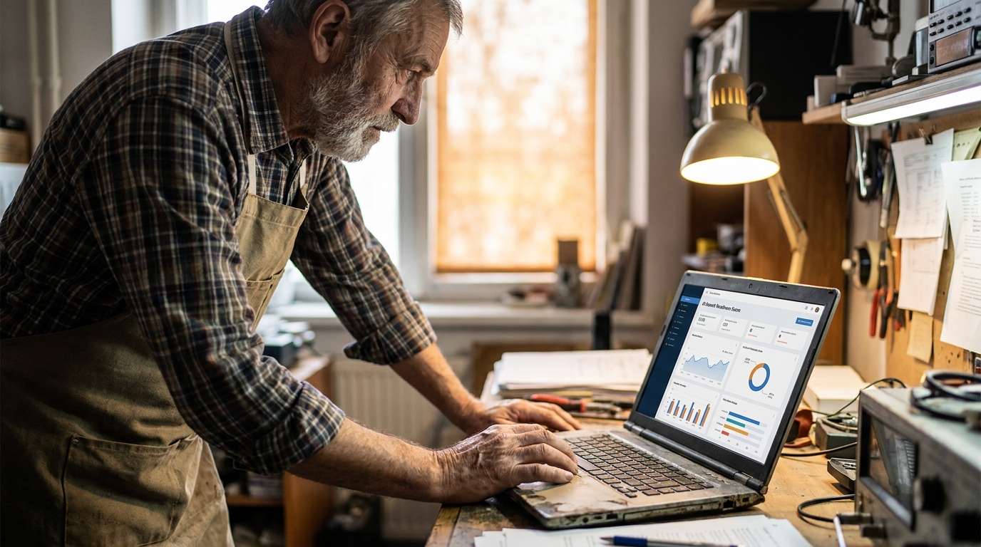 dashboard d'analyse de score AI Search Readiness sur un écran d'ordinateur portable