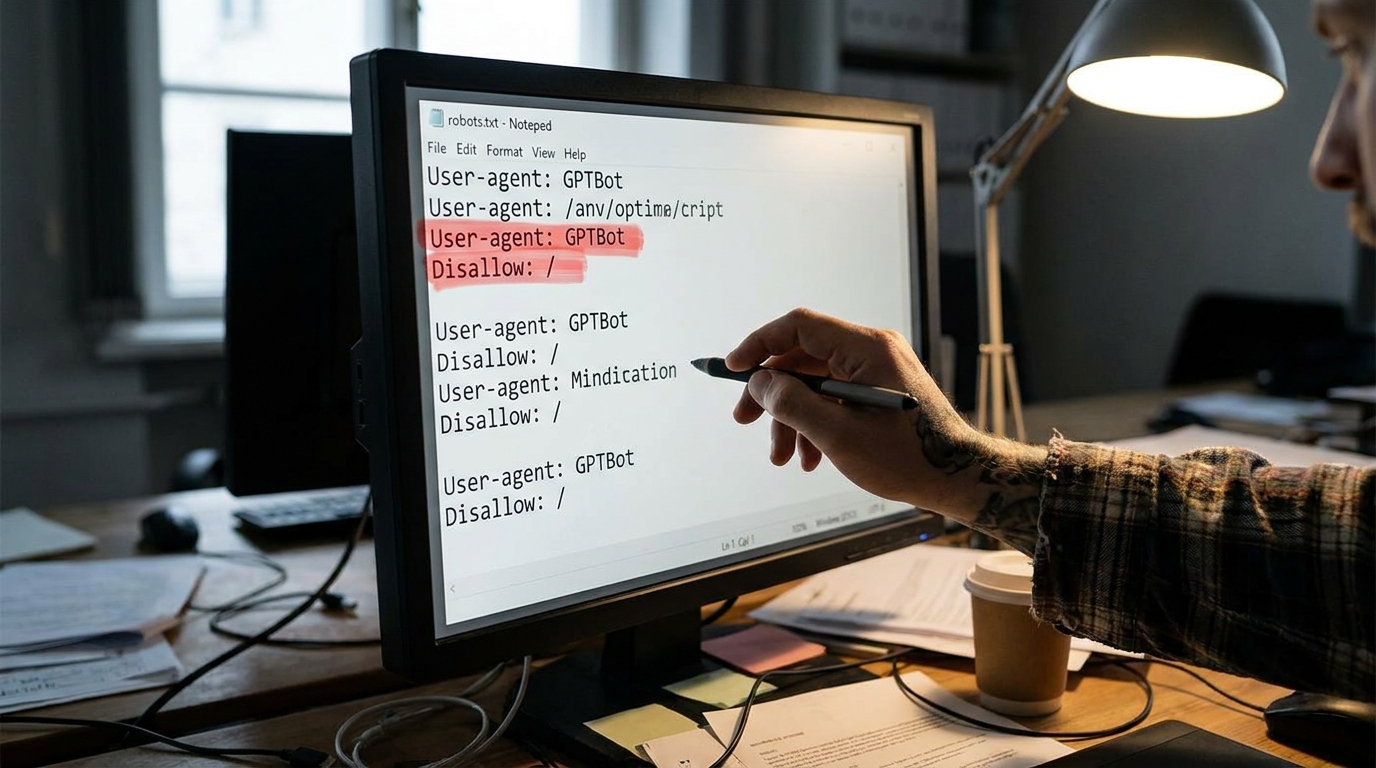 capture d'un fichier robots.txt avec des lignes de blocage de crawlers IA surlignées en rouge