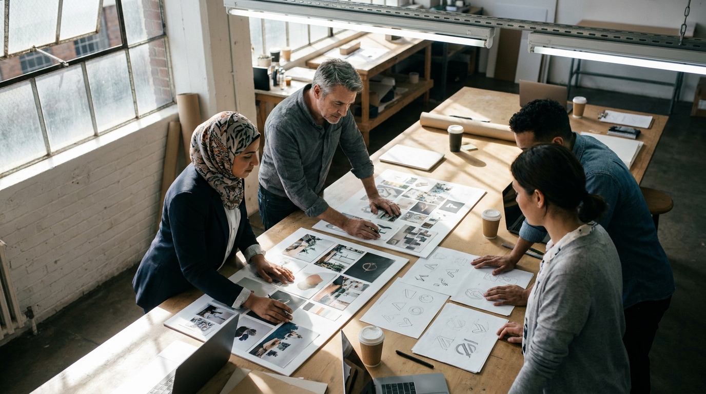 vue aérienne d'une équipe brand en atelier de travail autour de planches d'identité visuelle