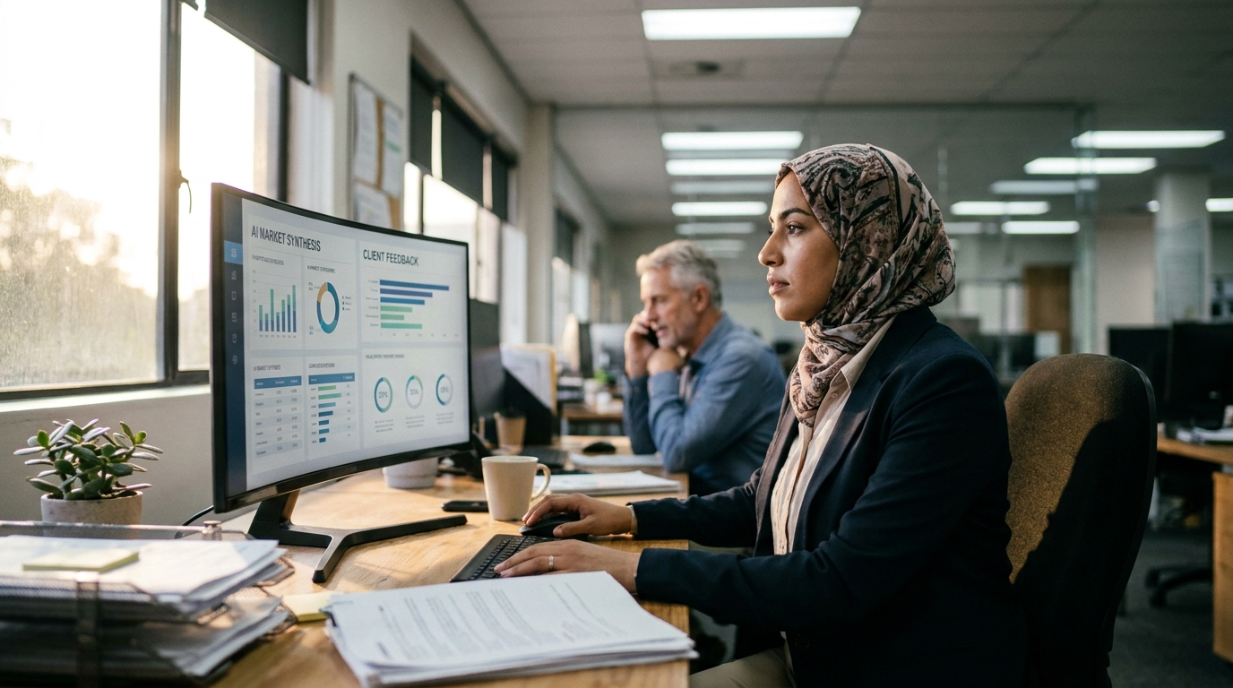 acheteur B2B consultant un écran avec des synthèses IA et des avis clients