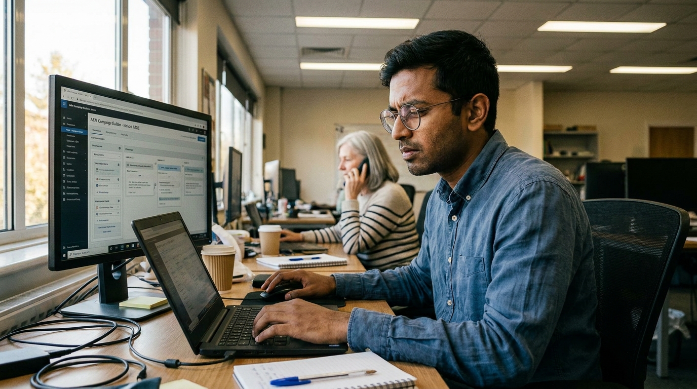 marketer B2B configurant une campagne ABM avec variantes dans une interface agentique