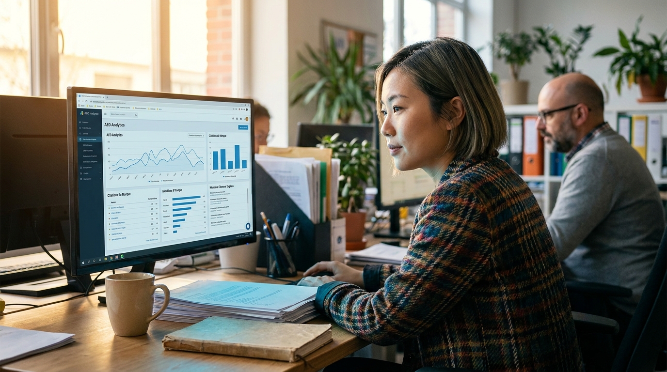tableau de bord AEO analytics montrant les citations et mentions d'une marque B2B dans les answer engines