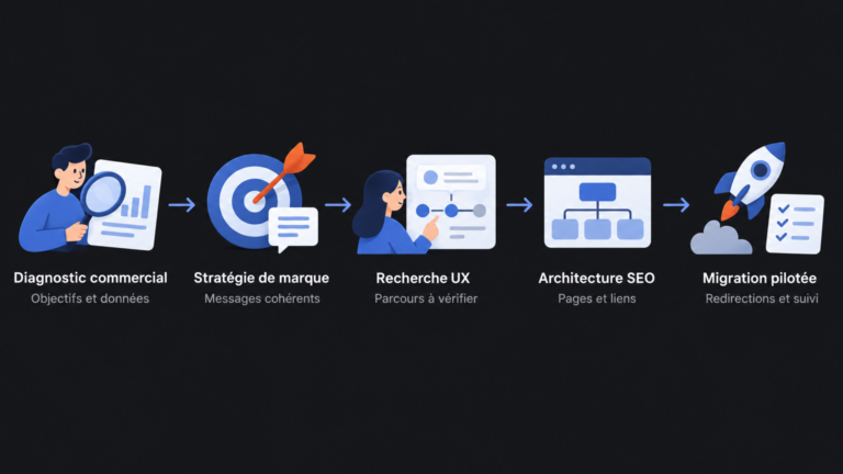Diagnostic commercial : Objectifs et données ; Stratégie de marque : Messages cohérents ; Recherche UX : Parcours à vérifier ; Architecture SEO : Pages et liens ; Migration pilotée : Redirections et suivi